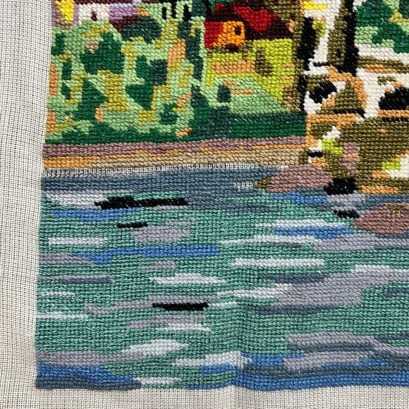 VTG Needlepoint Charles Bridge Prague Canal Village European Embroidery 18”x28” - Picture 10 of 16